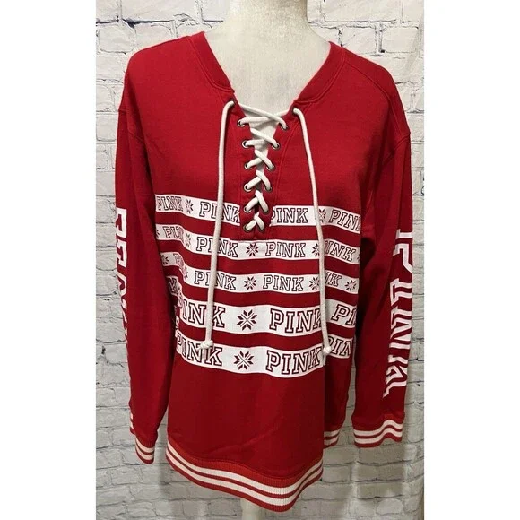PINK by Victoria’s Secret Red Lace Up Sweatshirt Top Snowflakes Ski Winter Large - Picture 2 of 7